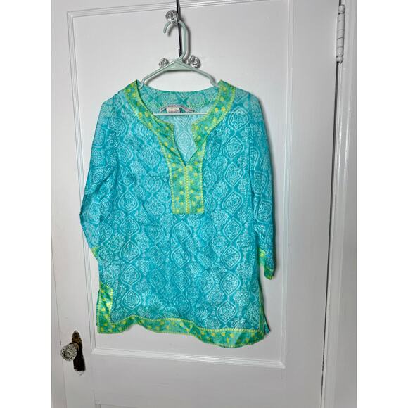 Gretchen Scott Designs Tops - Gretchen Scott Blue Green Floral Silk Sheer Flowy Tunic Top Women's Size Small